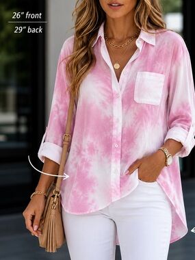 Velvet Heart Pink & White Tie-Dye Button-Down Blouse Rayon Tab Sleeves Sz Medium